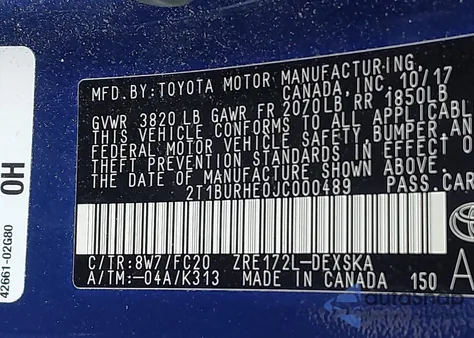 2018 Toyota Corolla Se z USA, uszkodzony, nr VIN 2T1BURHE0JC000489